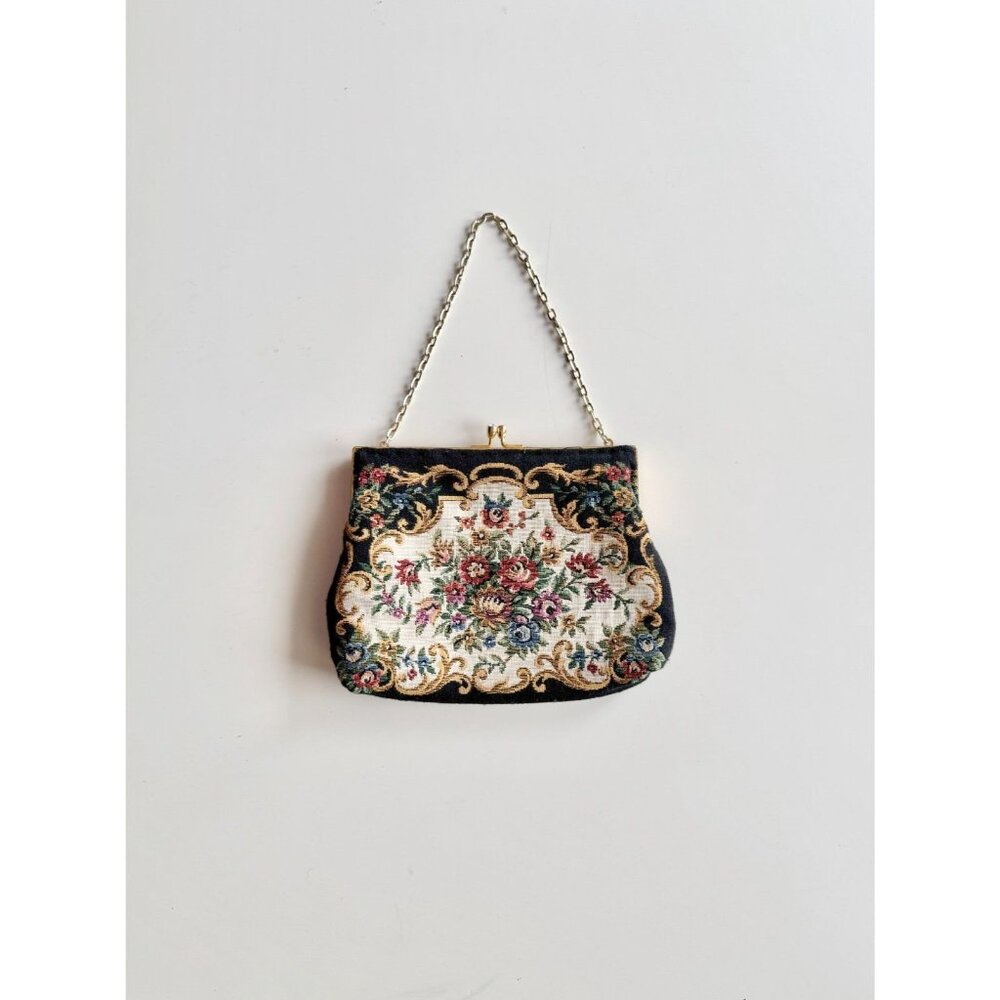 Vintage GOLDCO Floral Tapestry Jacquard Crystal Kiss Lock Evening Purse Bag